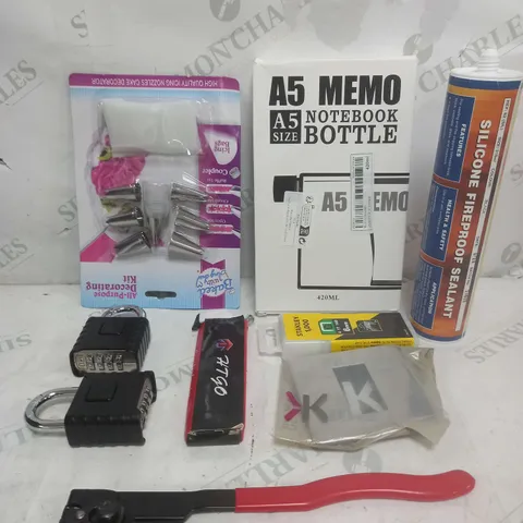 BOX OF APPROXIMATELY 15 ASSORTED COSMETIC ITEMS TO INCLUDE - NOTEBOOK BOTTLE, SILICONE, PADLOCK ETC