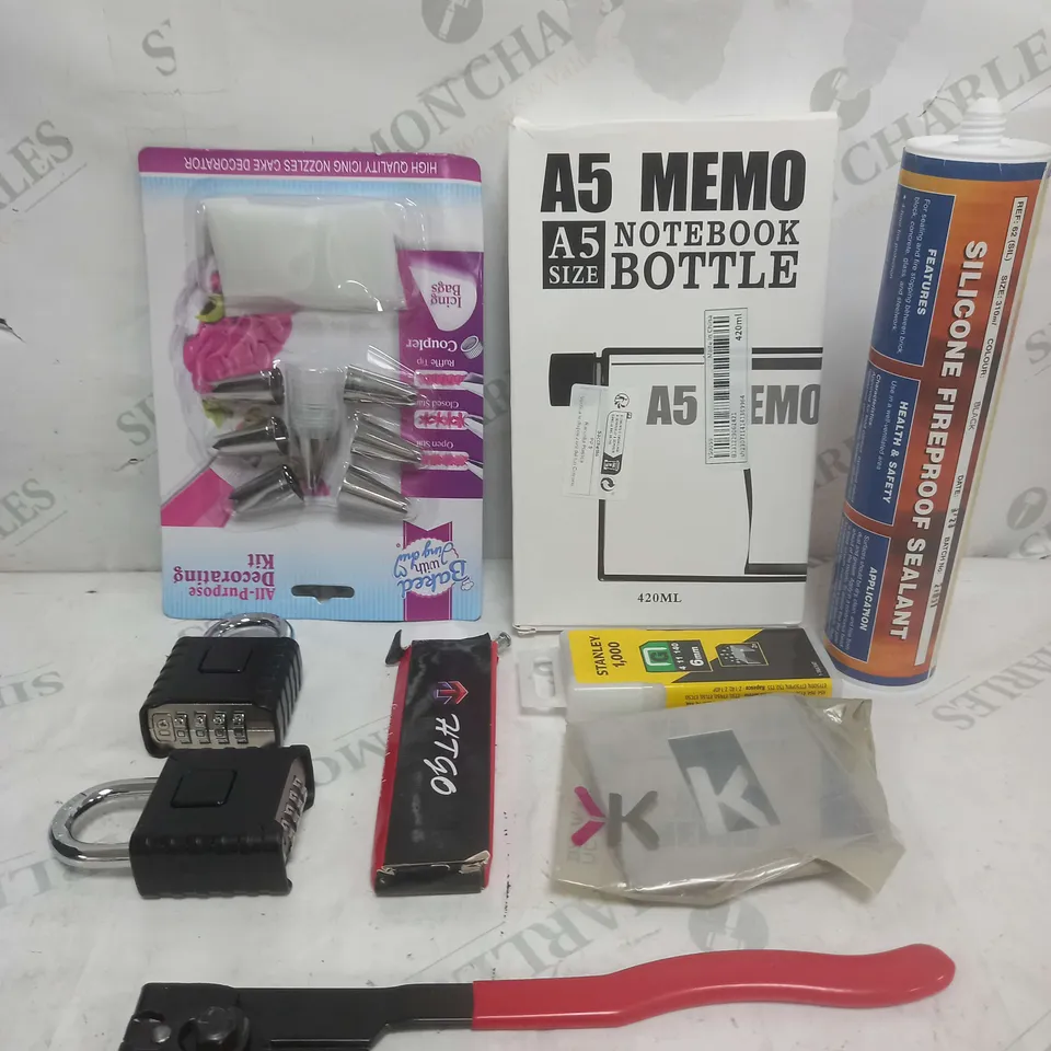 BOX OF APPROXIMATELY 15 ASSORTED COSMETIC ITEMS TO INCLUDE - NOTEBOOK BOTTLE, SILICONE, PADLOCK ETC