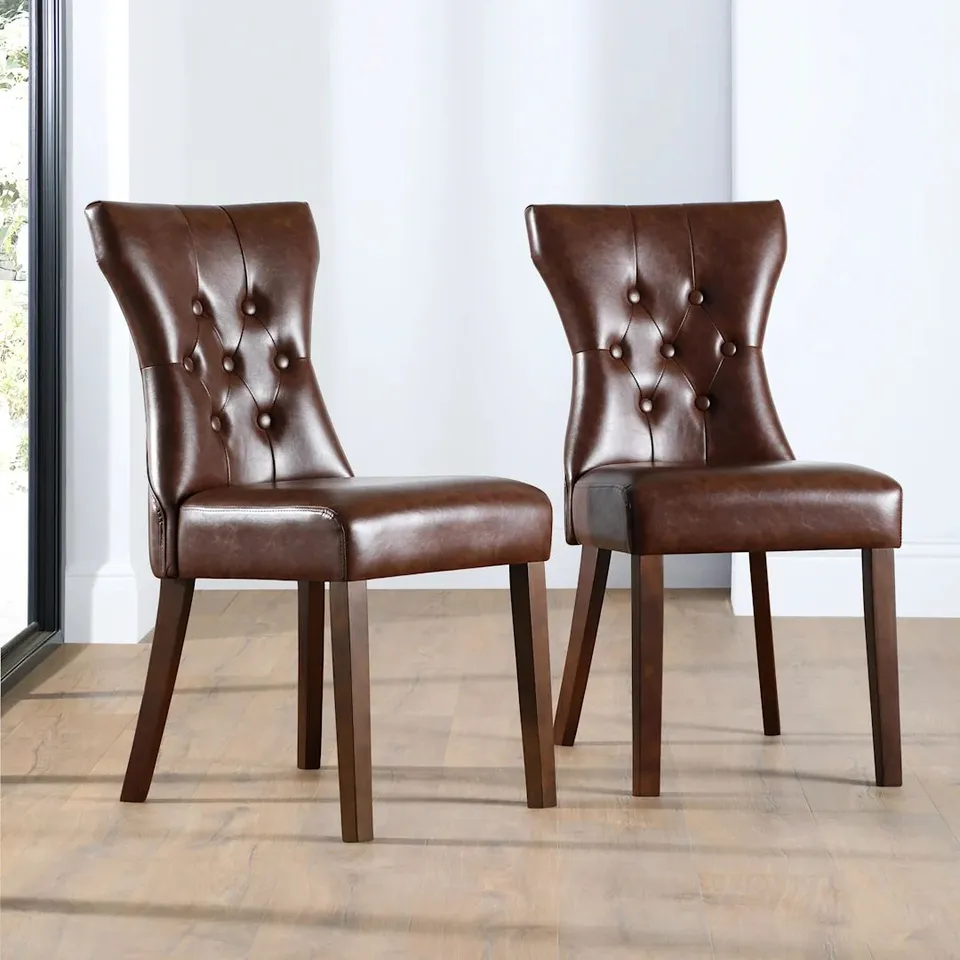 BOXED BEWLEY DINING CHAIR, CLUB BROWN PREMIUM FAUX LEATHER & DARK SOLID HARDWOOD 