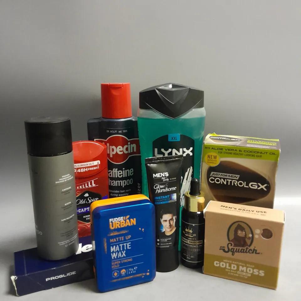 BOX OF APPROXIMATELY 15 COSMETIC ITEMS TO INCLUDE - ALPECIN CAFFEINE SHAMPOO - OLD SPICE DEODERANT - MANUAL POWER SHAMPOO ETC 