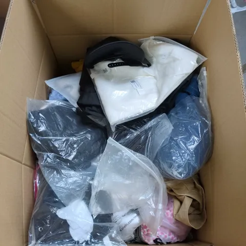 ASSORTED CLOTHING ITEMS BOX, INCLUDES MENS AND WOMENS CLOTHING. SIZES VARIES, BOX INCLUDES HATS,SHIRTS AND MORE 