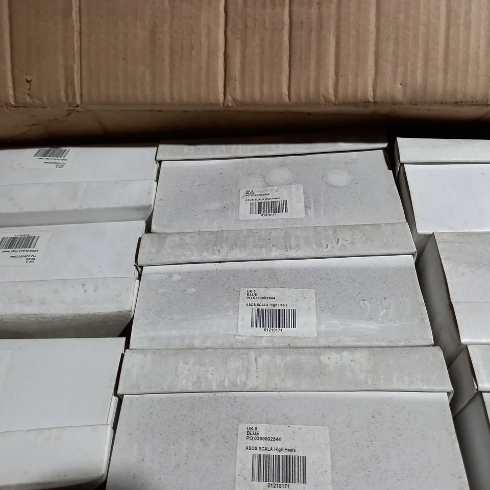 APPROXIMATELY 10 BOXED PAIRS OF ASOS SCALA HIGH HEELS IN BLUE SIZE 5 