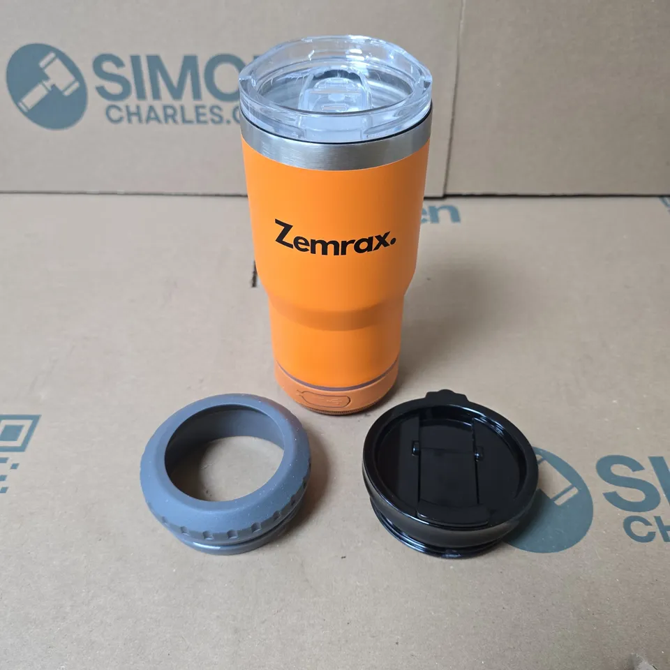 ZEMRAX 4-IN-1 DRINK TUMBLER WITH BLUETOOTH SPEAKER – ORANGE, BOXED