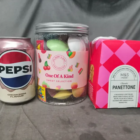 APPROXIMATELY 10 ASSORTED FOOD AND DRINK ITEMS TO INCLUDE PEPSI, PANETTONE, ETC