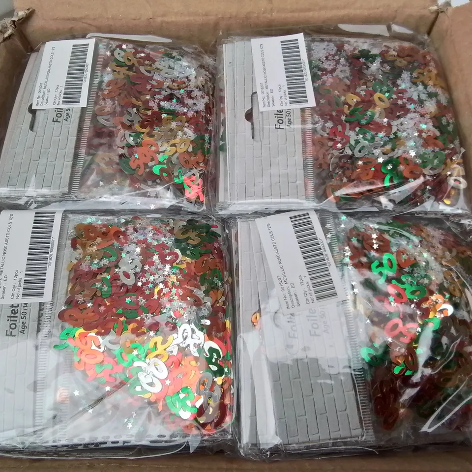 PALLET CONTAINING 98 BOXES OF BRAND NEW METALLIC NO50 CONFETTI - 144 PIECES PER BOX / APPROX 14,112 TOTAL