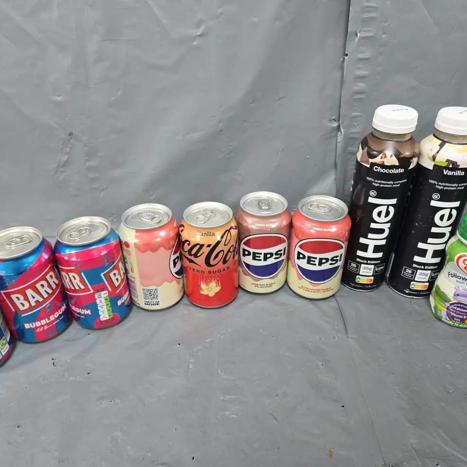 APPROXIMATELY 10 ASSORTED DRINK ITEMS TO INCLUDE - PEPSI, HUEL, AND BARR ETC.