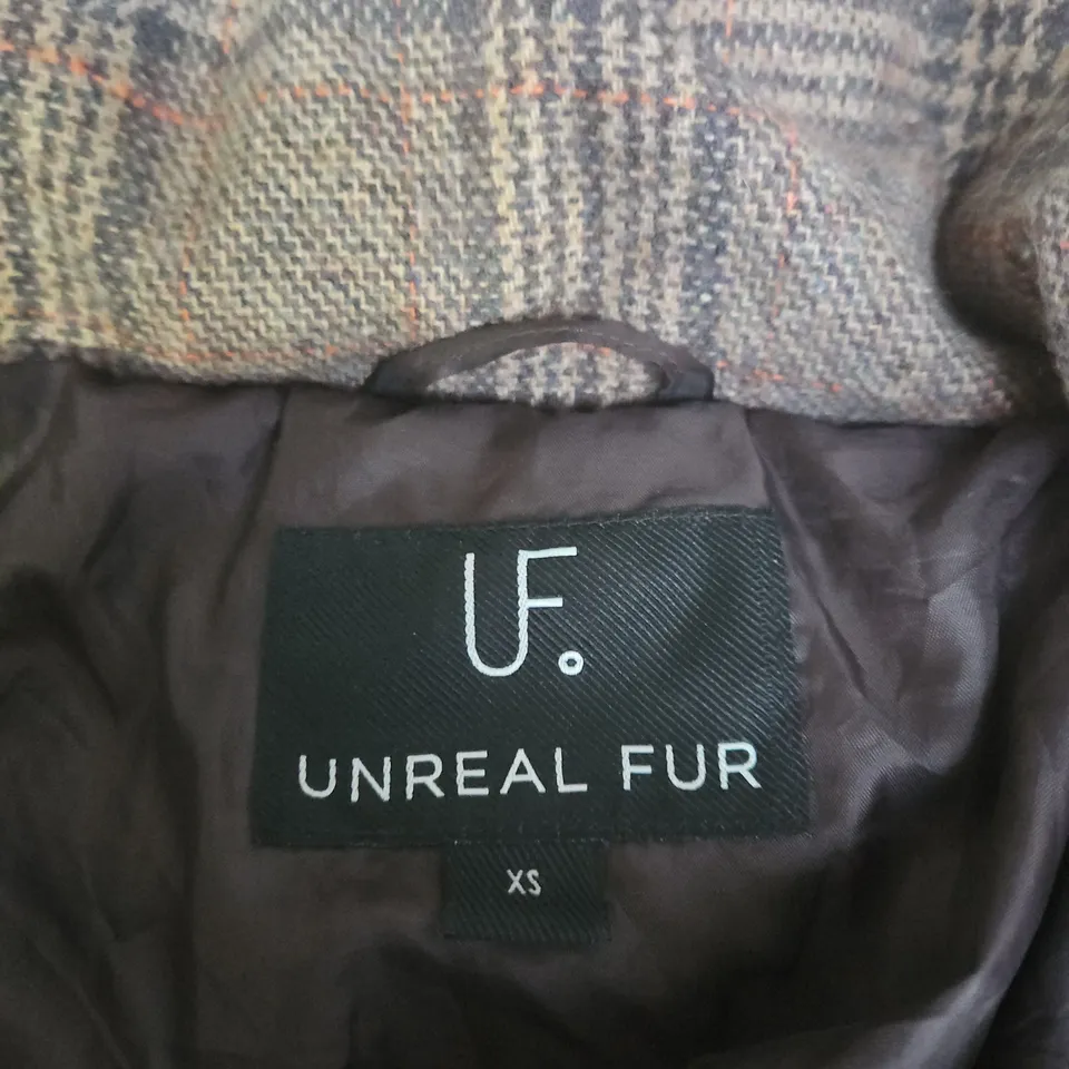 UNREAL FUR QUILTED PLAID PUFFER JACKET – XS