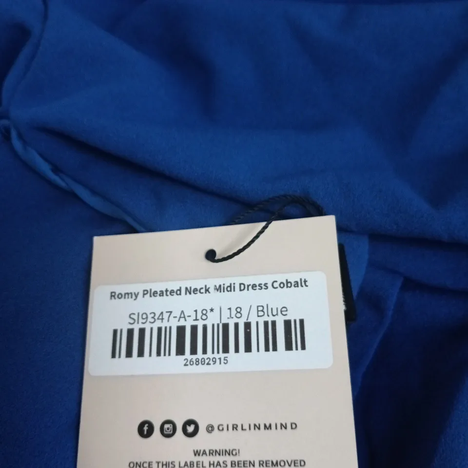 GIRL IN MIND ROMY PLEATED NECK MIDI DRESS – COBALT BLUE, UK 18