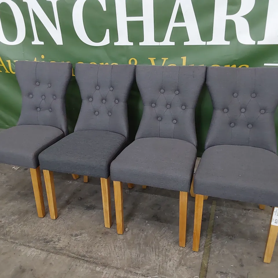 SET OF FOUR UPHOLSTERED BUTTONED BACK DINING CHAIRS CHARCOAL FABRIC ON NATURAL LEGS 