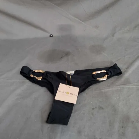 MODA MINX BLACK IRREGULAR HOOP FIXED BRAZILIAN BIKINI BOTTOM – UK 12