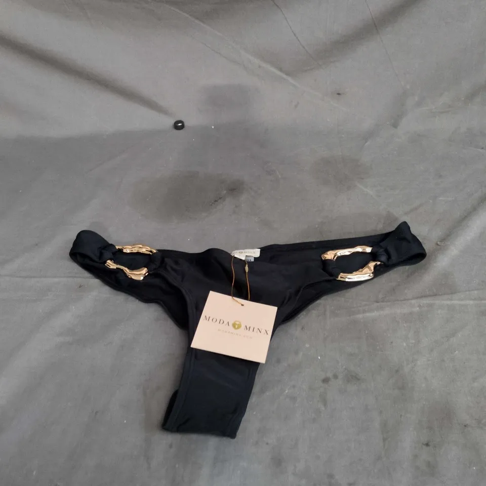 MODA MINX BLACK IRREGULAR HOOP FIXED BRAZILIAN BIKINI BOTTOM – UK 12