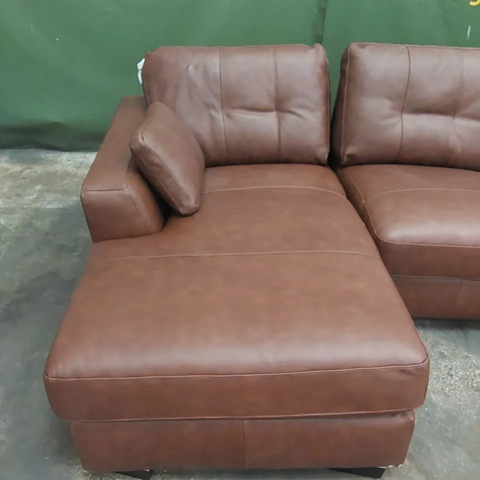 DESIGNER 3 SEATER TAN LEATHER CHAISE SOFA 