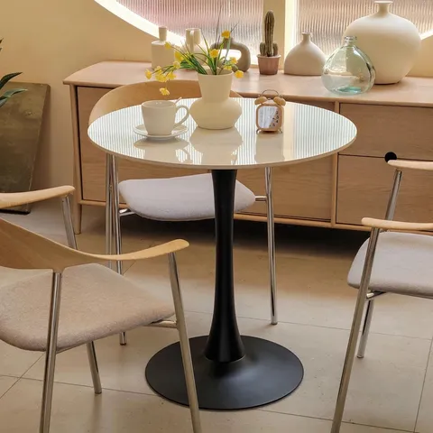 BOXED METRO LANE DINING TABLE MODERN ROUND KITCHEN TABLE WITH METAL PEDESTAL BASE - BLACK/WHITE (1 BOX)