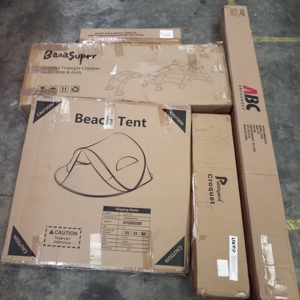 PALLET CONTAINING ASSORTED PRODUCTS INCLUDING ROUND METAL BALLOON ARCH KIT, TRIANGLE CLIMBER WITH RAMP AND ARCH, BEACH TENT, CROQUET & PATIO UMBRELLA 