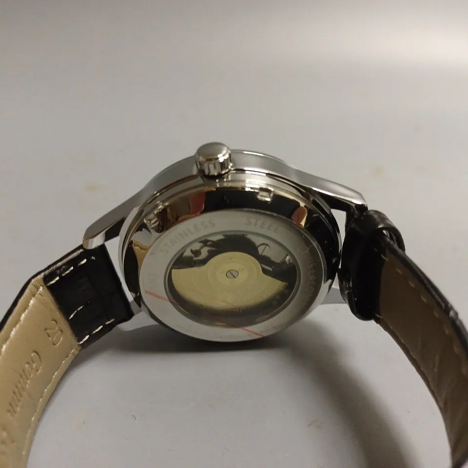 MENS LOUIS LACOMBE AUTOMATIC WATCH – SKELETON DIAL – GLASS EXHIBITION BACK CASE – LEATHER STRAP