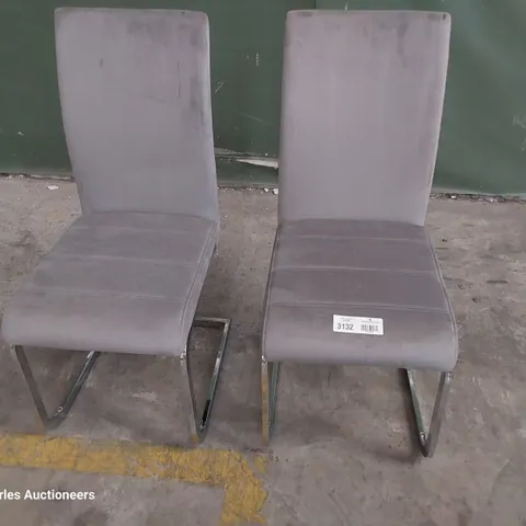 PAIR OF CHROME FRAMED DINING CHAIRS GREY PLUSH FABRIC 