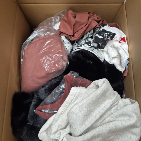 LARGE BOX OF ASSORTED CLOTHING ITEMS IN VARIOUS SIZES, STYLES AND COLOUR - COLLECTION ONLY