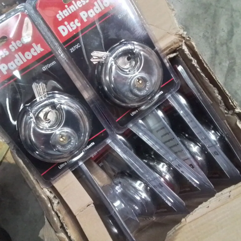 BOX CONTAINING APPROXIMATELY 20 STAINLESS STEEL DISC PADLOCKS
