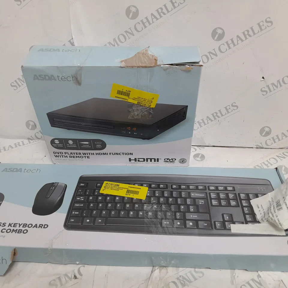 APPROXIMATELY 5 ASSORTED ASDA TECH ITEMS INCLUDING ,WIRELESS KEYBOARD & MOUSE COMBO, DVD PLAYER WITH HDMI FUNCTION