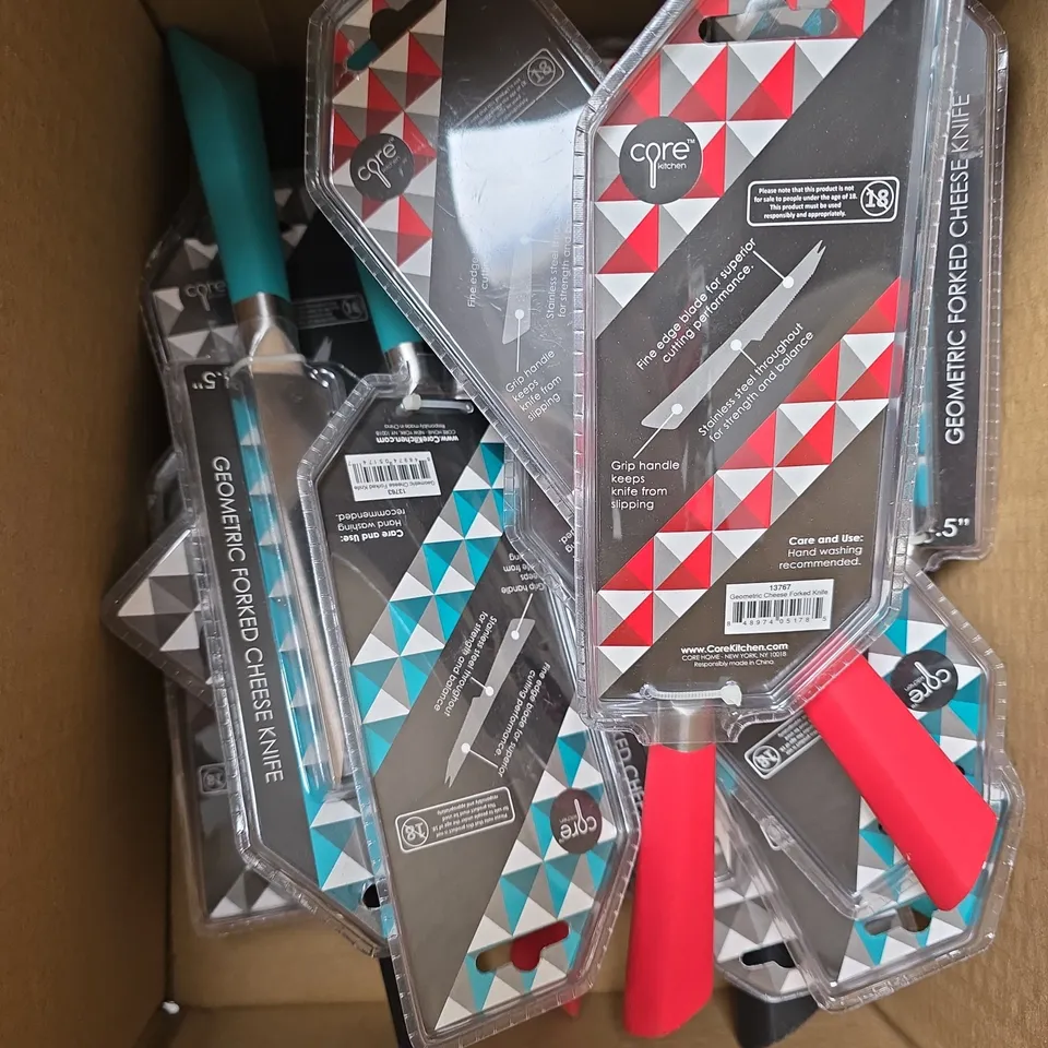 SET OF CORE KITCHEN PINK/BLUE/BLACK GEOMETRIC FORKED 4.5" CHEESE KNIVES