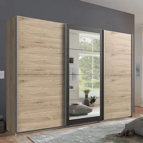 BRAND NEW BOXED MINDEN SLIDING DOOR WIDE WARDROBE IN HICKORY OAK AND GRAPHITE (8 BOXES)