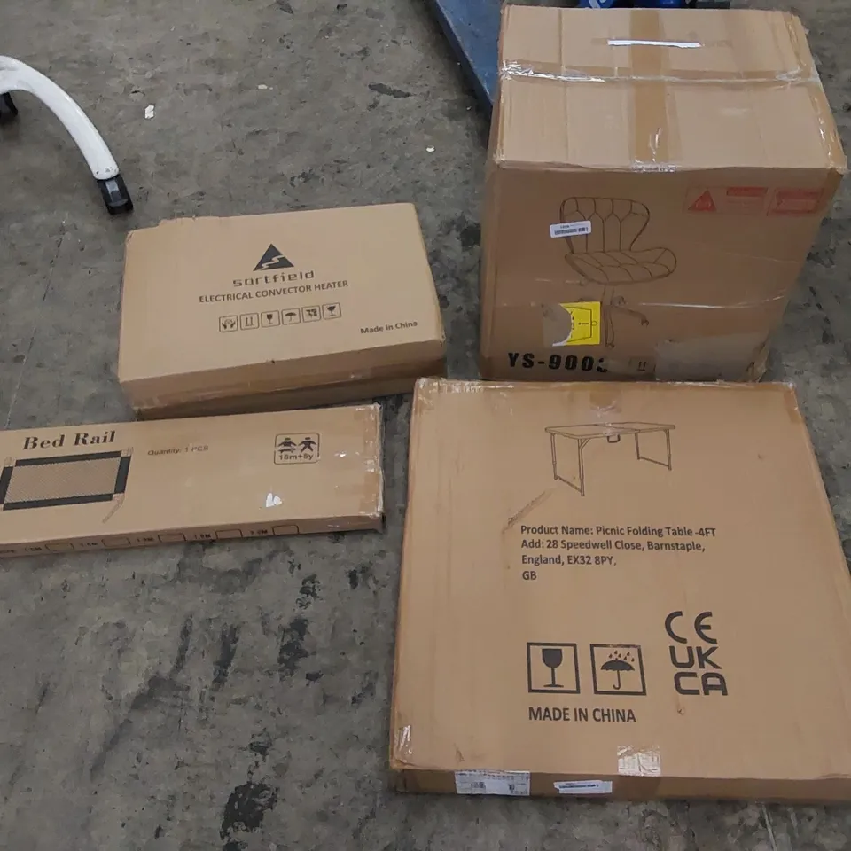 PALLET TO CONTAIN ASSORTED HOUSEHOLD ITEMS AND CONSUMER PRODUCTS. INCLUDES BASKET, FOLDABLE PICNIC TABLE, OFFICE CHAIR, CONVECTION HEATER, BOXED FURNITURE ETC 