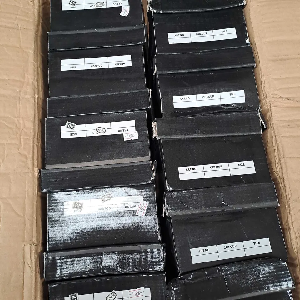 BOX OF APPROXIMATELY 12 PAIRS OF MENS SHOES IN BLACK ANIMAL - VARIOUS SIZES