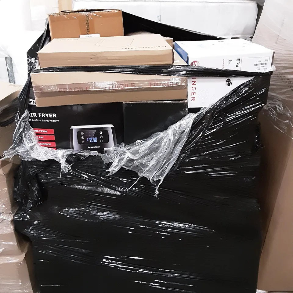 PALLET OF ASSORTED PRODUCTS INCLUDING BONSENKITCHEN AIR FRYER, STOREMIC TOILET SEAT, SINGER PROMISE SEWING MACHINE, TOPCHEF, ELECTRICAL CONNECTOR HEATER