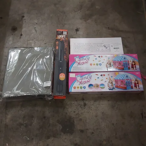 PALLET OF ASSORTED ITEMS INCLUDING: LOOFT AIR LIGHTER 2, CANDY HOUSE PLAY SETS, FABRIC STORAGE CHESTS, BACK-LIT KEYBOARD ECT