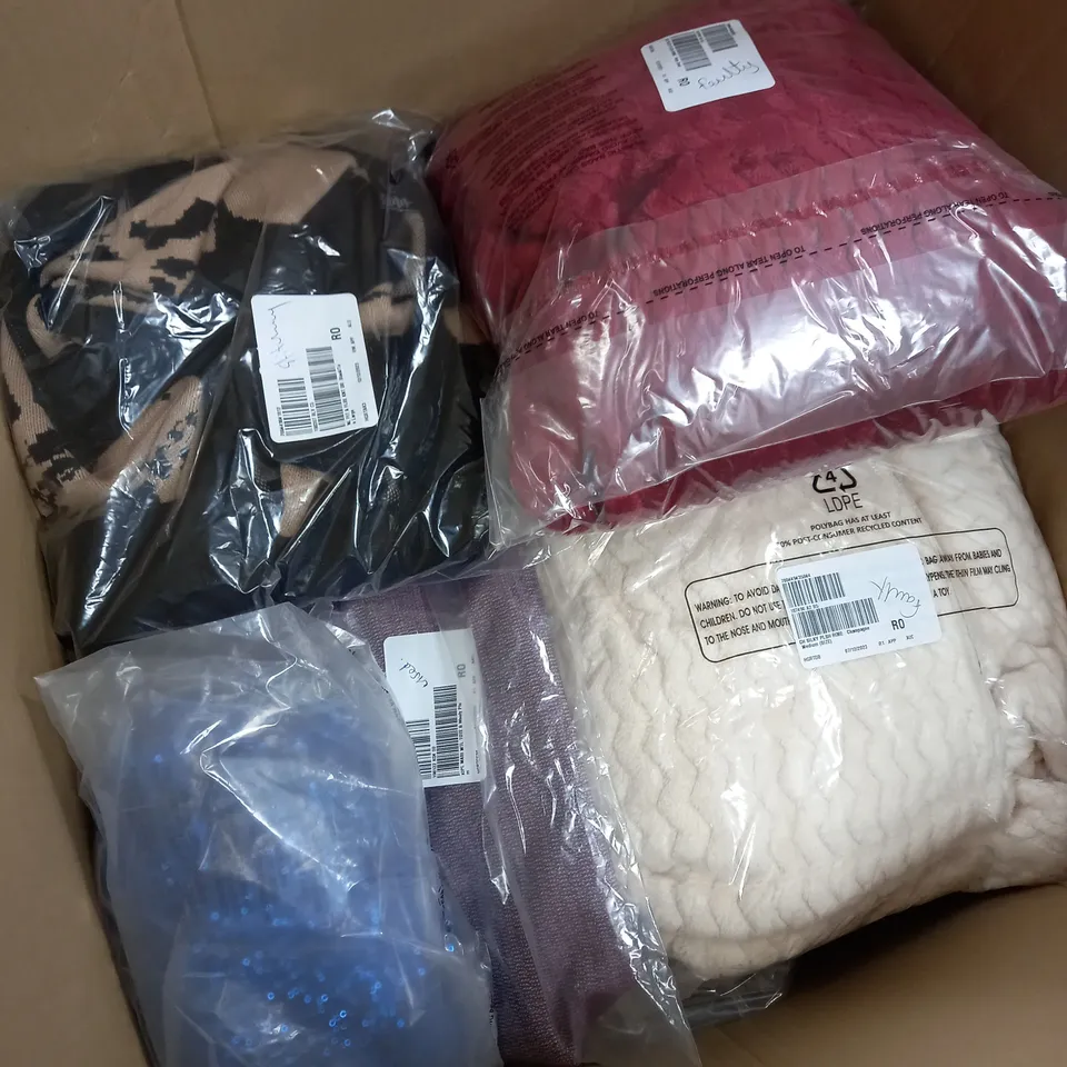 BOX OF APPROXIMATELY 10 ASSORTED ITEMS TO INCLUDE KIPLING BAG, PLUSH ROBE, PJ SET ETC