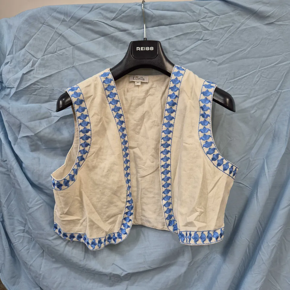 LUELLA CREAM SLEEVELESS VEST WITH BLUE EMBROIDERY – SIZE M/L