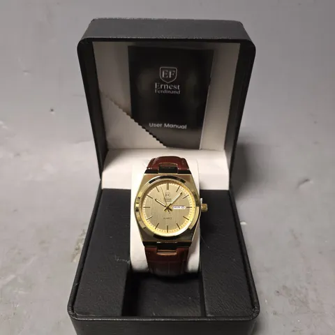 ERNEST FERDINAND WATCH – DAY DATE CALENDAR DIAL – LEATHER STRAP – 3ATM WATER RESISTANT