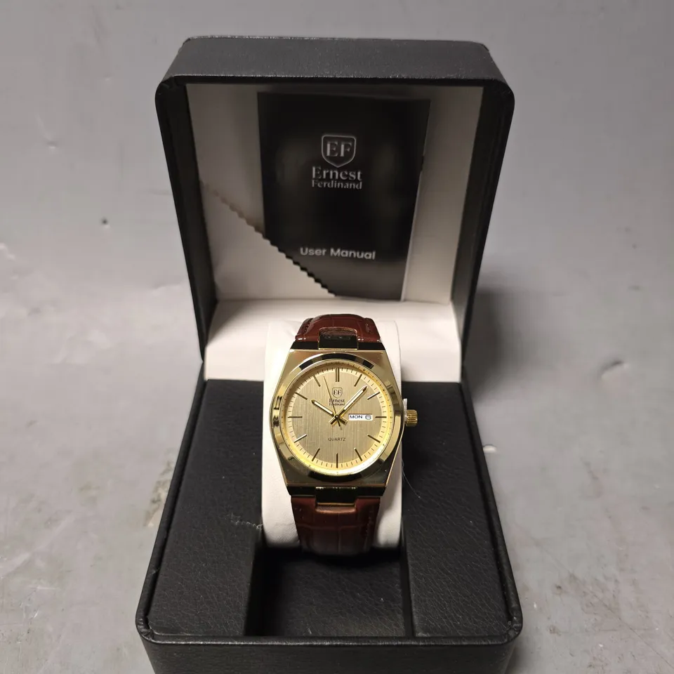 ERNEST FERDINAND WATCH – DAY DATE CALENDAR DIAL – LEATHER STRAP – 3ATM WATER RESISTANT
