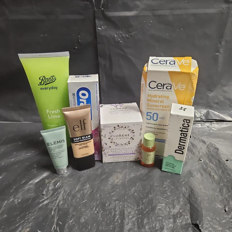 APPROXIMATEY 20 ASSORTED HEALTH AND BEAUTY PRODUCTS TO INCLUDE - CERAVE HYDRATING SUNSCREEN - ELEMIS PRO-COLLAGEN MARINE CREAM - ELF SATIN FOUNDATION - ETC