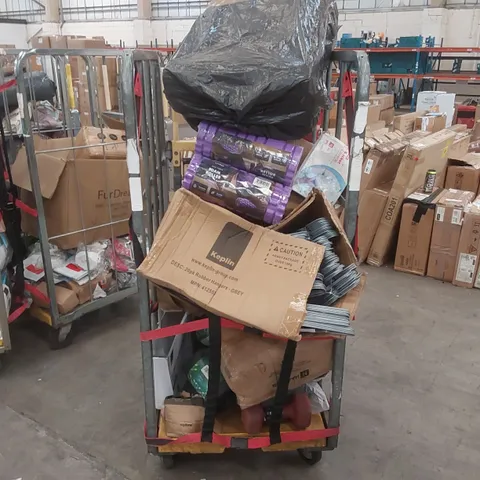 CAGE OF ASSORTED CONSUMER PRODUCTS/FURNITURE PARTS INCLUDING: COAT HANGERS, FOAM ROLLERS, SHOE RACK ECT // CAGE NOT INCLUDED 