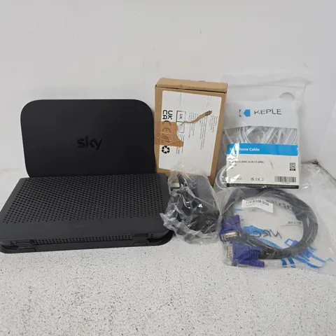 APPROXIMATELY 12 ASSORTED HOUSEHOLD ITEMS TO INCLUDE SKY ROUTER, TELEPHONE CABLE, AC ADAPTER, ETC