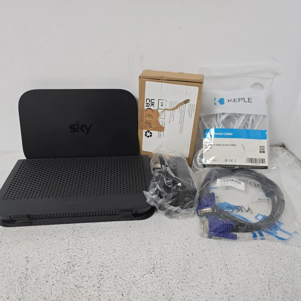 APPROXIMATELY 12 ASSORTED HOUSEHOLD ITEMS TO INCLUDE SKY ROUTER, TELEPHONE CABLE, AC ADAPTER, ETC