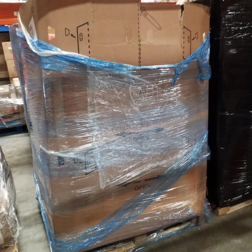 PALLET CONTAINING ASSORTED PRODUCTS INCLUDING LUMBAR SUPPORT, CRYSTAL CHANDELIER, SAFE, KITCHEN STORAGE SHELF & SHOWER CHAIR