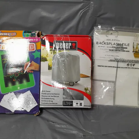 BOX OF APPROXIMATELY 5 ASSORTED ITEMS TO INCLUDE - PEEL & STICK BACKSPLASH TILE , WEBER GRILL COVER , STARLYF FANTASTIC PAD ETC