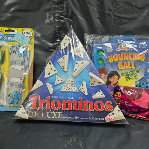 APPROXIMATELY 20 ASSORTED TOYS AND GAMES TO INCLUDE BOUNCING BALL CONNECT FOUR, TIOMINOS DELUXE, SUPER GLIDER, ETC - COLLECTION ONLY