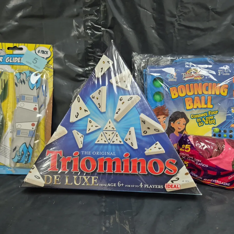 APPROXIMATELY 20 ASSORTED TOYS AND GAMES TO INCLUDE BOUNCING BALL CONNECT FOUR, TIOMINOS DELUXE, SUPER GLIDER, ETC - COLLECTION ONLY