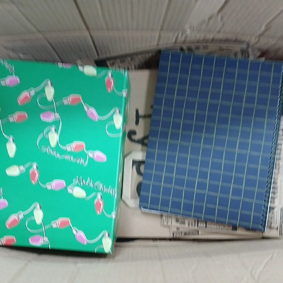 LARGE BOX OF APPROXIMATELY 10 ASSORTED ITEMS TO INCLUDE STORAGE BOX , WRITING PAD AND PAPER BAG