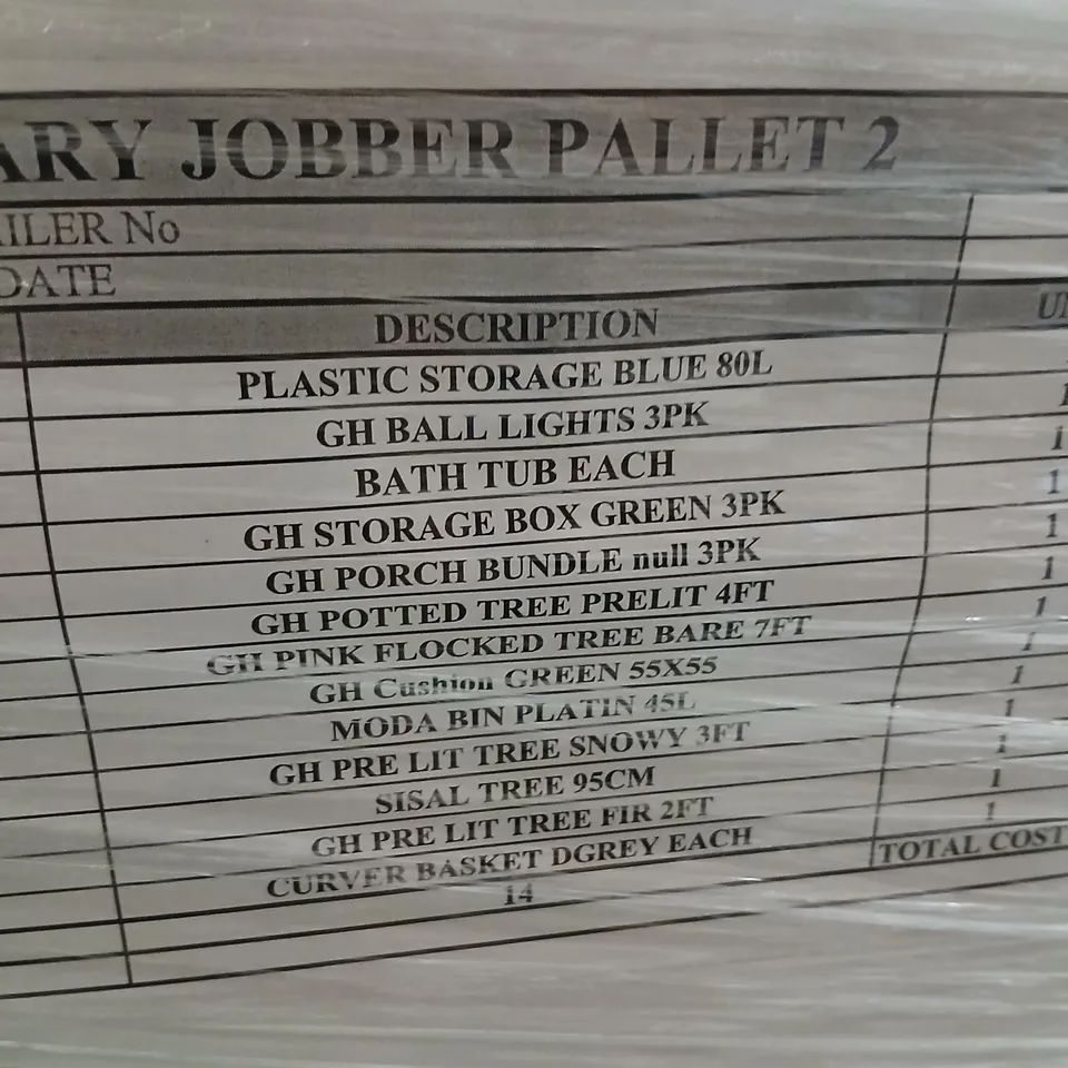 PALLET OF APPROXIMATELY 14 ASSORTED PRODUCTS TO INCLUDE; PLASTIC STORAGE BLUE, BALL LIGHTS, PORCH BUNDLE, PRE LIT TREE, CURVER BASKET AND SISAL TREE