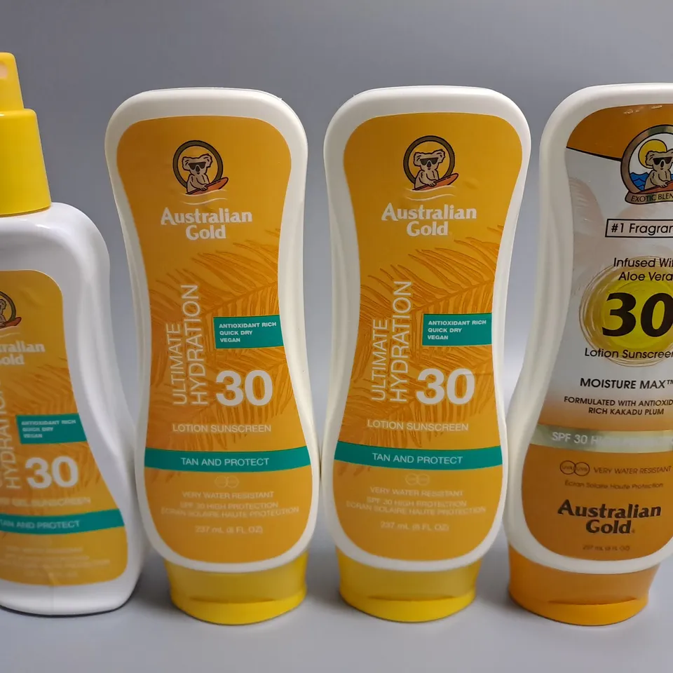 LOT OF 4 AUSTRALIAN GOLD 237ML 30SPF SUN CARE ITEMS INCLUDES LOTION SUNSCREEN AND SPRAY GEL