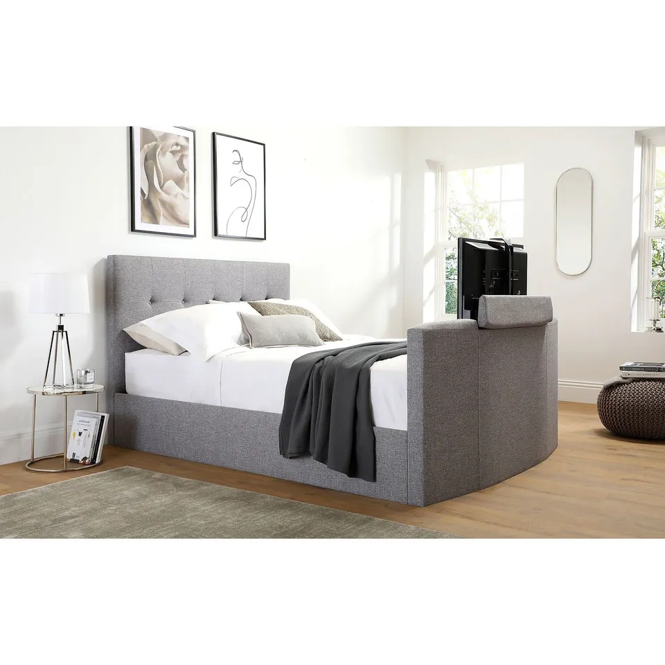 BRAND NEW BOXED LANGHAM KING SIZE OTTOMAN TV BED, GREY CLASSIC VELVET (5 BOXES)