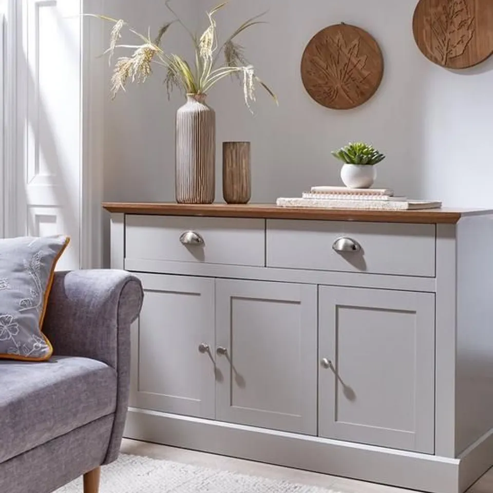 BOXED CRAWFORD LARGE SIDEBOARD - GREY/DARK OAK (1 BOX)