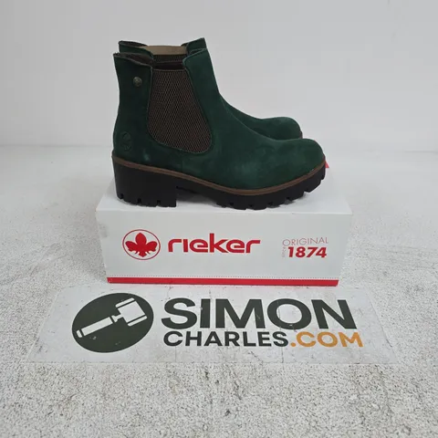 BOXED PAIR OF RIEKER WEDGE HEEL BOOTS IN GREEN - SIZE 39