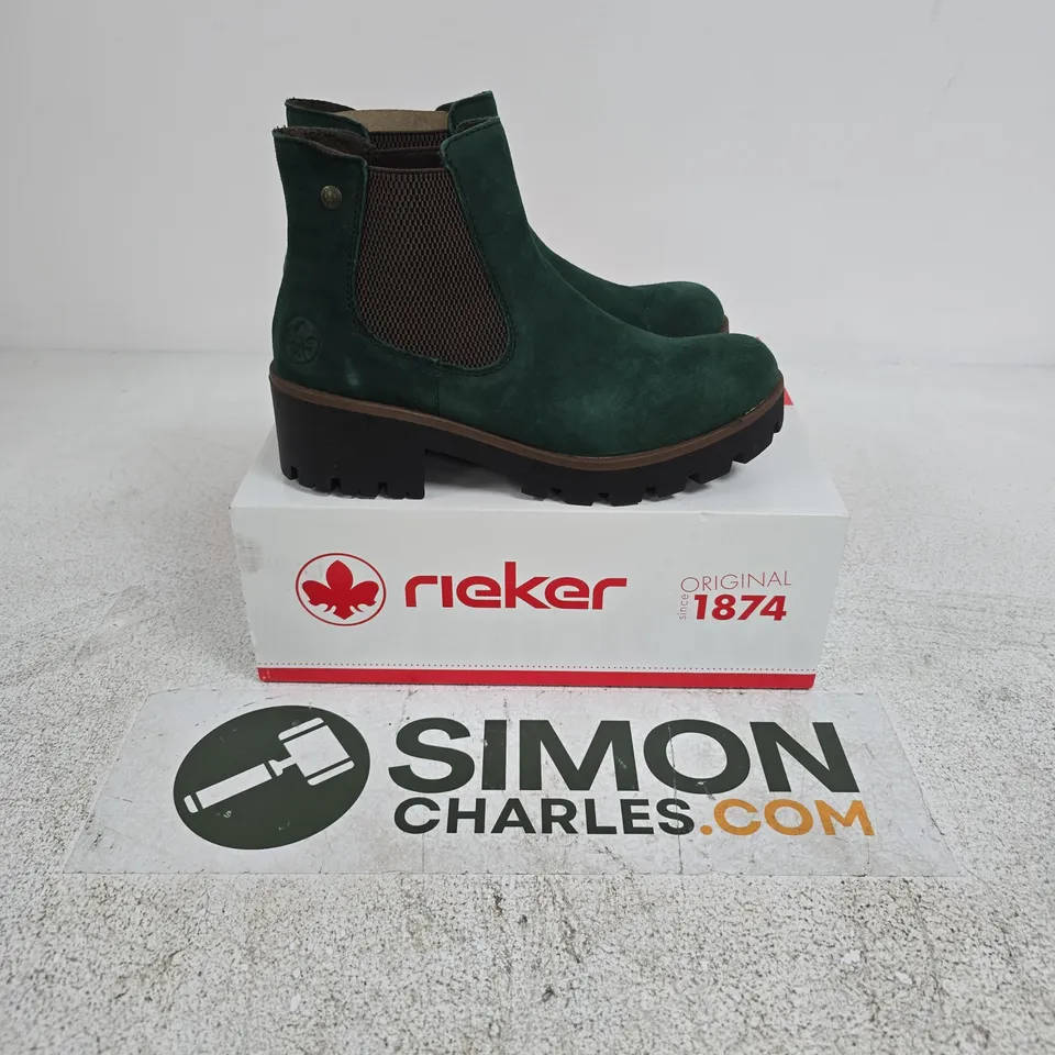 BOXED PAIR OF RIEKER WEDGE HEEL BOOTS IN GREEN - SIZE 39
