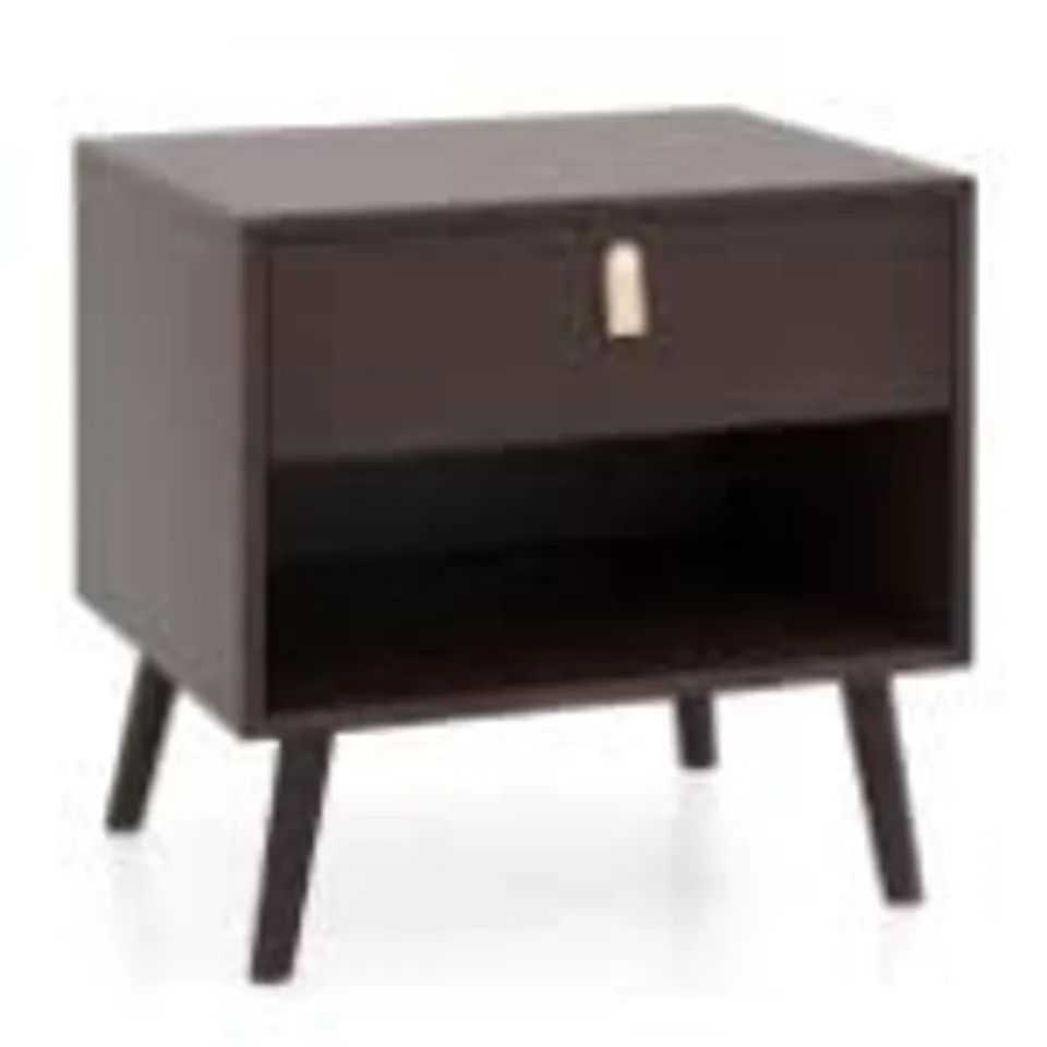 BOXED COSTWAY 3 SHELF BROWN MID-CENTURY END TABLE WITH OPEN STORAGE SHELF