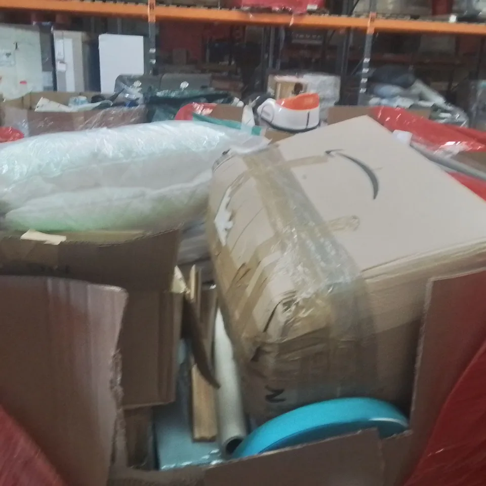 PALLET OF ASSORTED HOUSEHOLD GOODS AND PRODUCTS TO INCLUDE;MIRROR,ROLLER BLINDS,OFFICE CHAIR CUSHIONS 